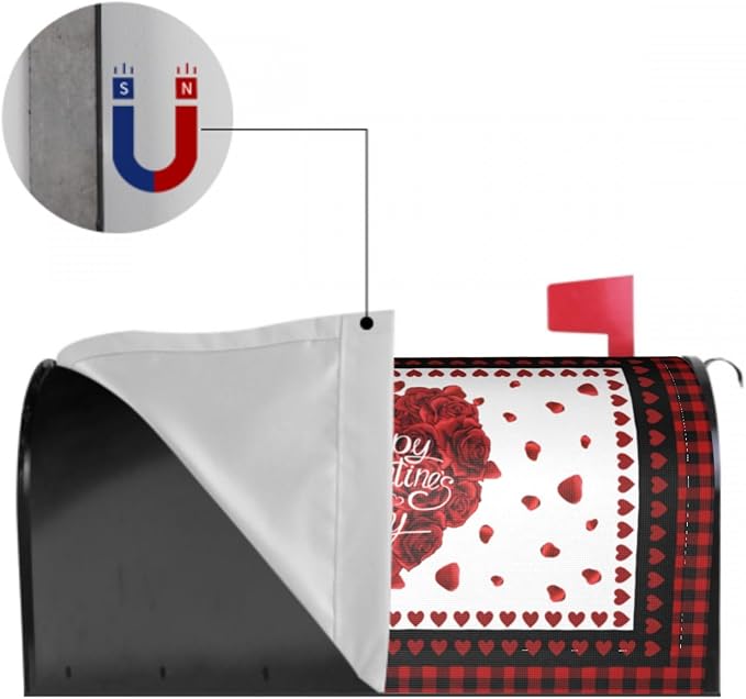 Valentines Day Love Heart Mailbox Cover - Magnetic, Black Red, Standard Size 18" X 21" for Outside Garden Decorations