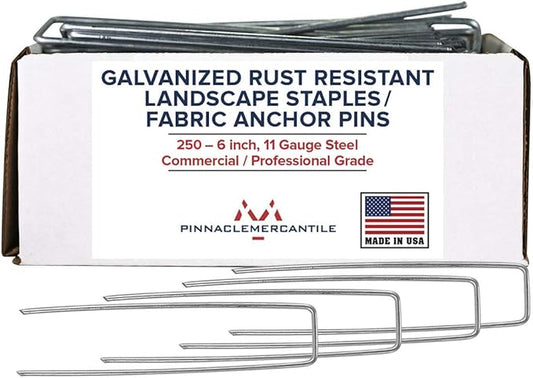 Pinnacle Mercantile USA Made 250 Pack Garden Landscape Staples Weed Barrier Fabric Stakes Galvanized 6 inch Pins Anti Rust Sod Staple 11 Gauge Steel