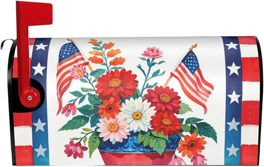 4th of July American Flower Mailbox Cover, Patriotic Red Blue 21" Lx 18" W Magnetic Mailbox Cover, USA Floral Standard Size Post Letter Box Wrap Decor, Independence Day Garden Yard Outdoor Decoration