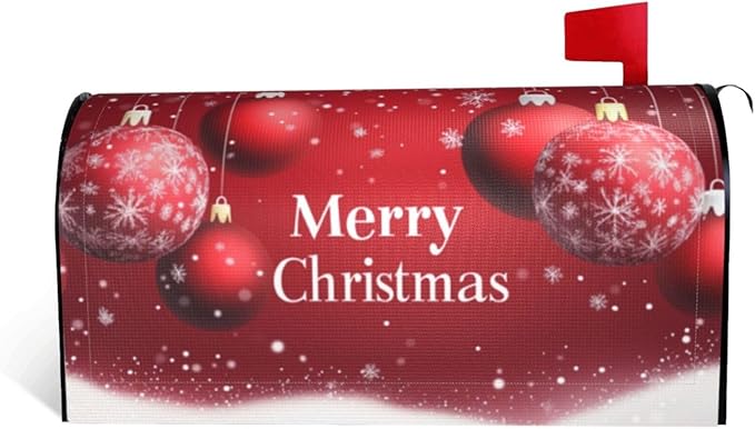 Festive Magnetic Mailbox Cover Xmas Christmas Ball Pattern Outdoor Mailbox Protector Holiday Seasonal Decorative Garden Yard Home Standard Size 21 x 18 Inch