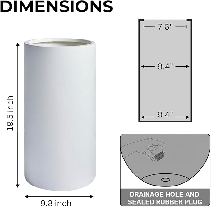 19.5"H x 9.8"D Tubo Fiberstone Cylinder Tall Planter, Christmas Tree Planter, Smooth Finishes, Weather Resistant for Indoor & Outdoor Use, Included 2 Extra Coco Mats (White,8.2" Pot Opening)