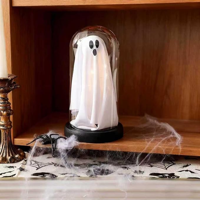 Halloween Decorations Indoor, Light Up Ghost in Transparent Dome Cloche, Cute Spooky Ghost Decor for Tabletop Mantel Display and Holiday Decorations