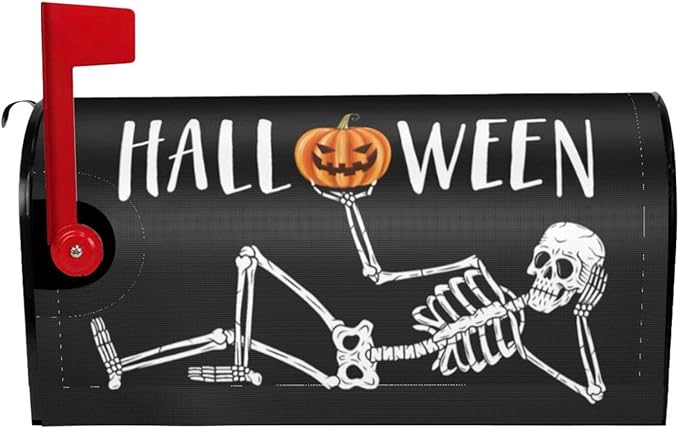 Skull Pumpkin Halloween Mailbox Cover, Large Size Magnetic Mailbox Cover, Waterproof Halloween Spooky Mail Wraps for Outdoor Yard Garden Decor, 25.1x21 Inch