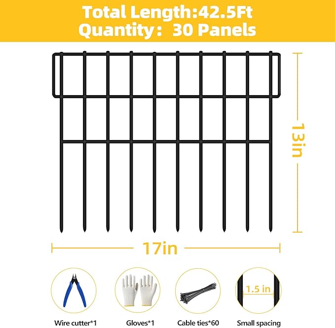 30 Panels Garden Fence Animal Barrier, Animal Barrier Fences No Dig Fence, 42.5ft(L) x 13in(H) Dog Fencing Rabbit Fences, 1.5in Spike Spacing Rustproof Metal Fences Border for Outdoor Yard