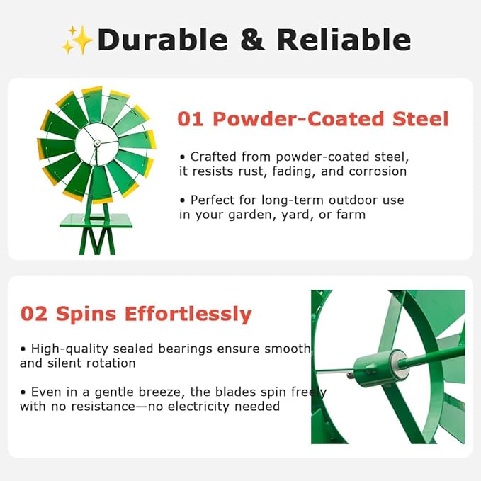 8FT Windmill for Yard Garden Decoration with Weather Vanes，Heavy Duty Outdoor Wind Mills, Large Metal Outdoor Windmill, Weather Resistant,Green