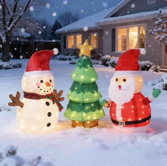 VINGLI 3 Pack 30" 30 Inch Lighted Snowman Santa Claus Christmas Tree Decorations, Prelit Multicolor LED Xmas Yard Lawn Porch Decor for Indoor Outdoor Holiday Winter Christmas Display Set pathway decor