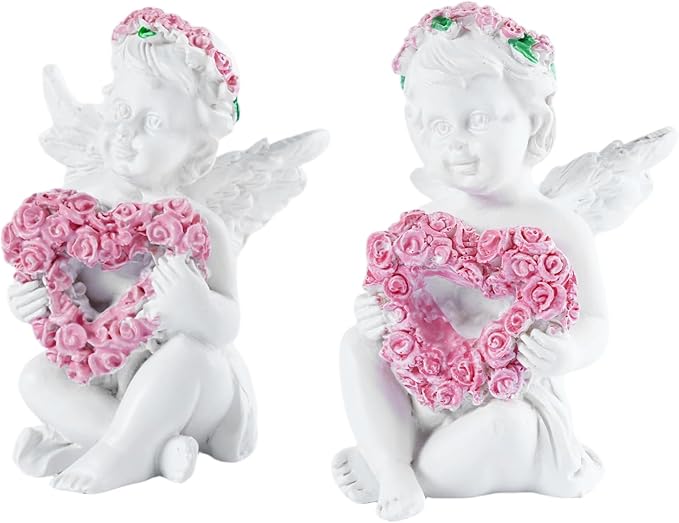 2-Piece Angel Figurines with Rose Heart - Handmade Resin Home Decor, Indoor Outdoor Angel Statues, Desktop Ornaments, Ideal Blessing Gift for Parents & Friends