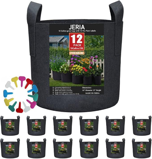 JERIA 12-Pack 10 Gallon, Vegetable/Flower/Plant Grow Bags, Aeration Fabric Pots with Handles (Black), Come with 12 Pcs Plant Labels