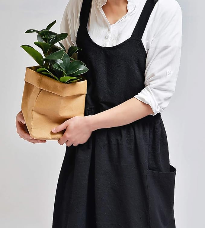 NEWGEM Cotton Linen Cross Back Apron for Women with Pockets for Cooking Baking Black without Waist Ties