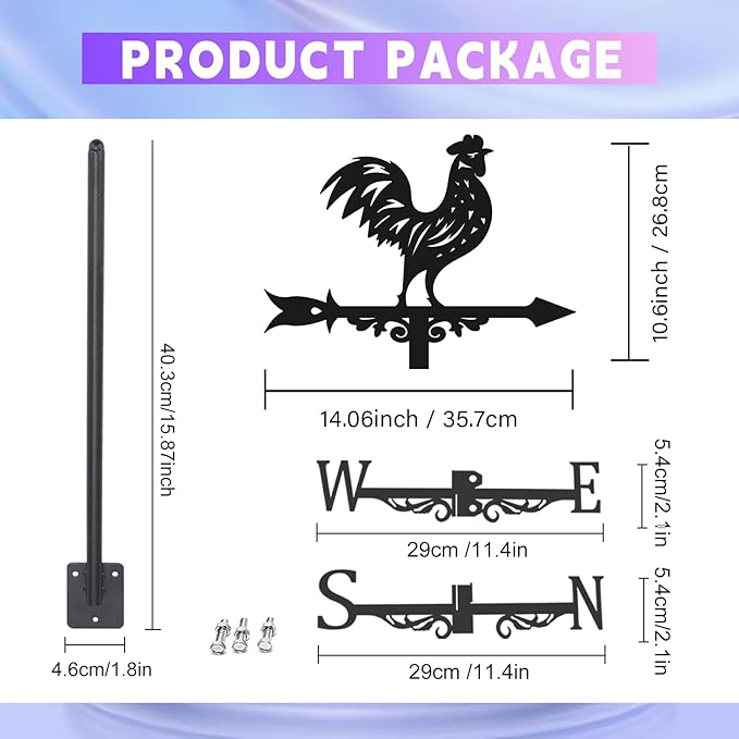 3D Rooster Weathervane Metal Wind Vane Weathercock Garden Decoration Wind Direction Indicator Stake Roof Mount Ornament for Farmhouse Yard Outdoor