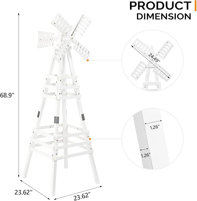 Wooden Windmill, Weather-Proof Wind Spinner, Outdoor Wind Mill for Garden Lawn Patio Decoration (White, Medium)