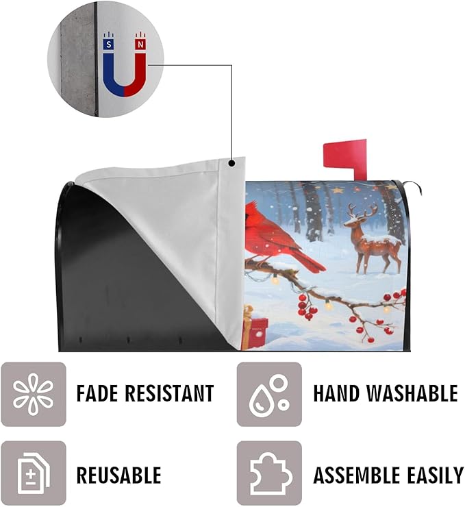 Christmas Cardinal Mailbox Cover, Xmas Winter Snow Scene Waterproof 21" Lx 18" W Magnet Mailboxes Cover, Standard Size Wraps Post Letter Box Case for Garden Yard Outdoor Decor