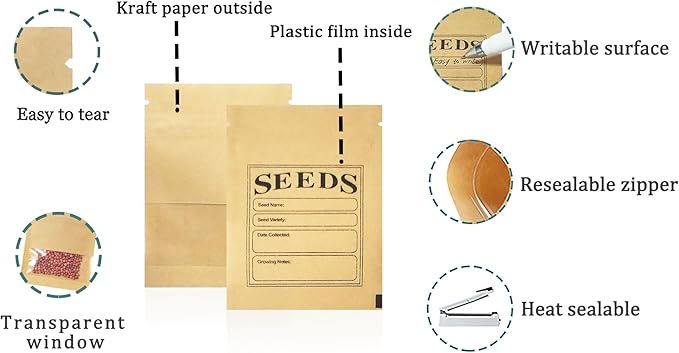 FERENLI 100 Pack Seed Envelopes Packets with Clear Window 2.7x3.7 inch Small Resealable Brown Kraft Paper Bags with Preprinted Collecting Template for Storage Organizing Flower Vegetable Seeds