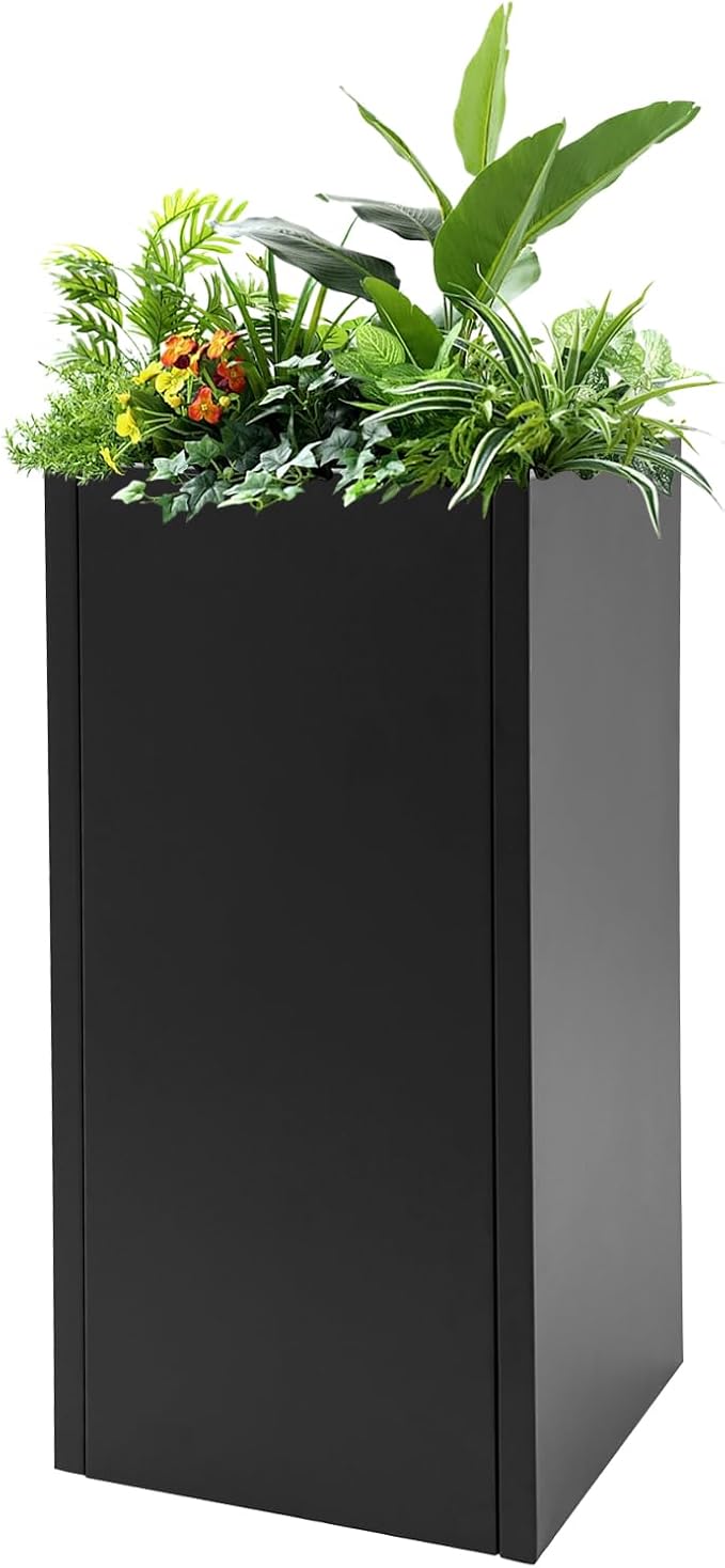 Metallic Heavy Outdoor/Indoor Planter Box, Seamless Large Metal Planter for Tall Trees, Plants, Flowers, No Assembly Required (Black, 14 * 14 * 30 inch)