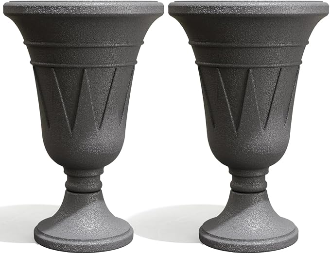 Tall Plastic Urn Planters for Outdoor Plants Set of 2-23.6" H Classic Trophy Design Indoor Large Flower Pots with Drainage Holes, Outdoor Planters for Porch Decor/Garden Vase, Grey