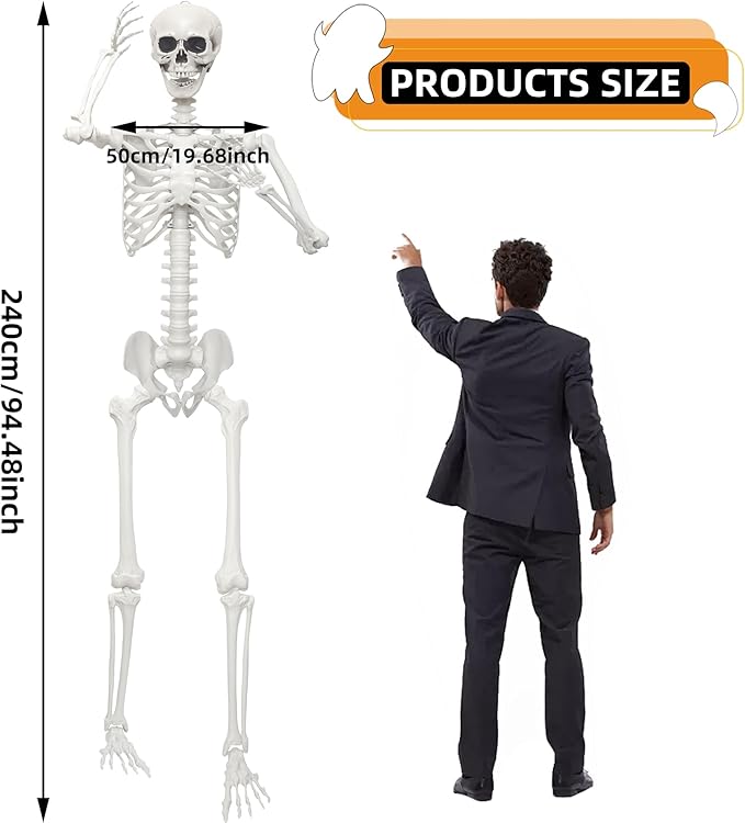 7.8Ft Giant Skeleton Life Size Realistic Plastic Human Skeleton with Movable Joints for Halloween Front Lawn Decorations