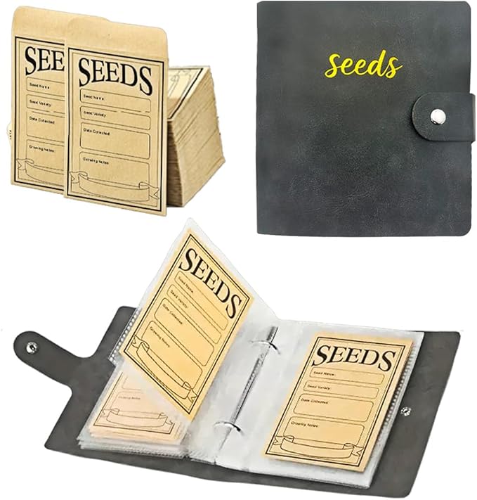 Seed Storage Organizer Binder, Leather Seed Packet Organizer with 50 Clear Pockets(25 Pack Sheet Sleeves) and 50 Pack Seed Envelopes, Garden Seed Holder Book, Plant Seed Saver, Flower Seed Keeper