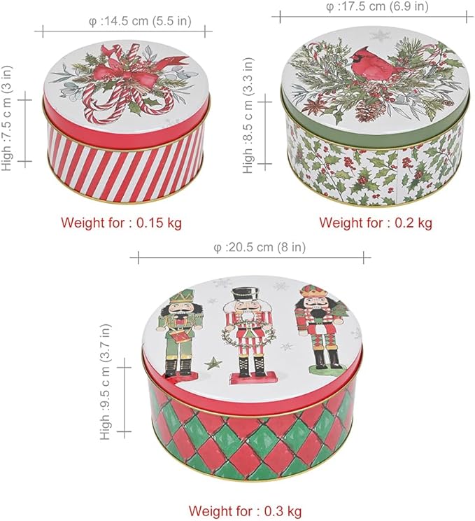 Christmas Cookie Tin Set of 3 Decorative Metal Storage Tin Boxes with Lids for Home Decor Memory Boxes for Keepsakes and Photos(GreenRed)