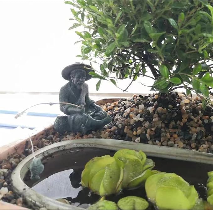 livelyfish Mini Fisherman Statue Asian Zen Decoration Sitting Fishing Figurines Sandstone Vintage Ornament for Aquarium Fish Tank Pot Garden Home Japanese Decor (A)