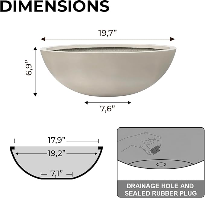 6.9"H x 19.7"D Round Bowl Fiberstone Planter for Succulent and Lotus, Christmas Tree Planter, Weather Resistant for Indoor & Outdoor Use, Included 2 Extra Coco Mats (Taupe,17.9" Pot Opening)