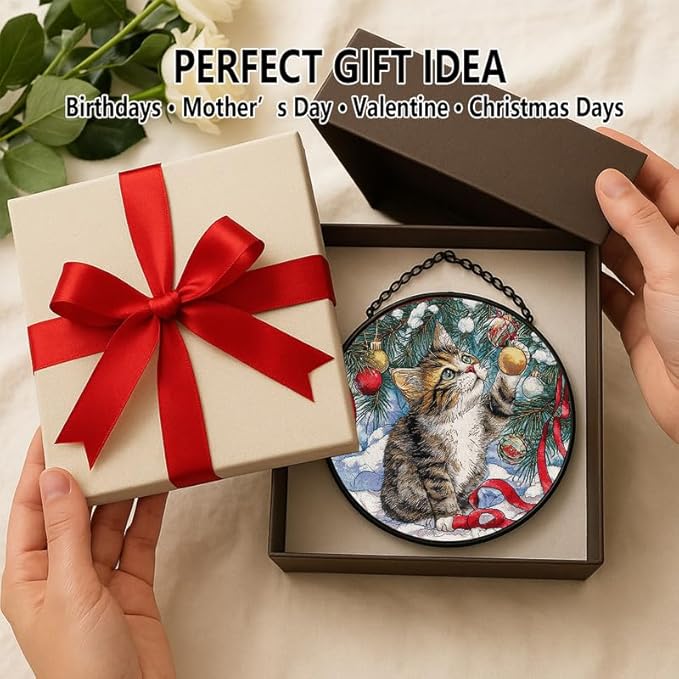 Stained Glass Window Hanging – 11.8 in Christmas Kitten Panel with Chain， Bathroom Front Door Living Room Garden Decor， Gift for Mom Wife Lovers