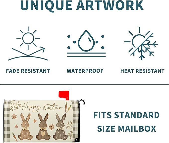 Happy Easter Mailbox Cover, Magnetic Large Size 25.5x21 Inches, Spring Bunny Rabbits Egg Carrot Mailbox Wrap Post Cover with Buffalo Plaids for Garden Yard Outdoor Home Decor