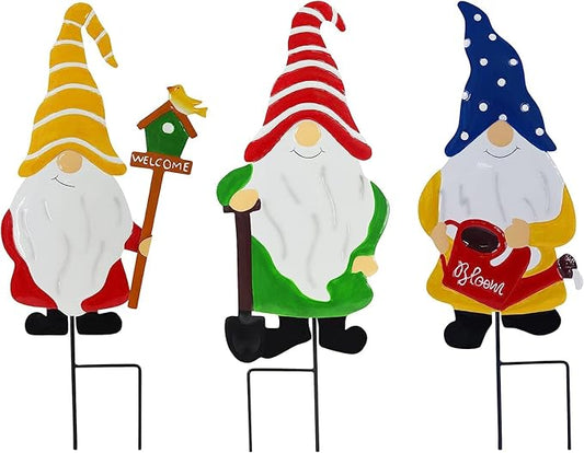 Gnomes Decorations for Yard,Metal Gnomes Decorative Garden Stakes，Garden Ornaments for Outside Yard Lawn,Outdoor Porch Patio (Mix)