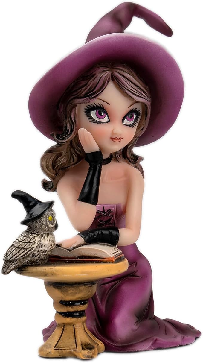 Mystical Purple Witch Resin Statue with Owl & Book Halloween Décor, Witchcraft Collectible, Unique Home & Office Decoration