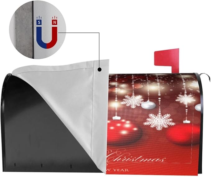 Christmas Mailbox Covers Red Glitter Snowflake Ball Magnetic Letter Post Box Cover Standard Size 21 x 18 Inch Garden Yard Home Decorative