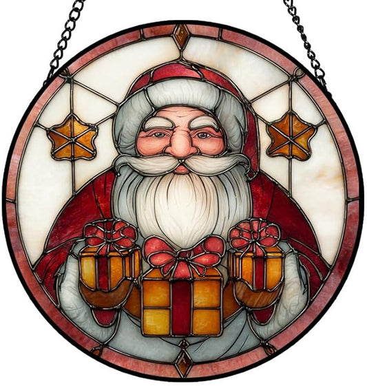 Stained Glass Window Hanging – 6.3 in Santa Claus Holding Presents Panel with Chain， Bathroom Front Door Living Room Garden Decor， Gift for Mom Wife Lovers