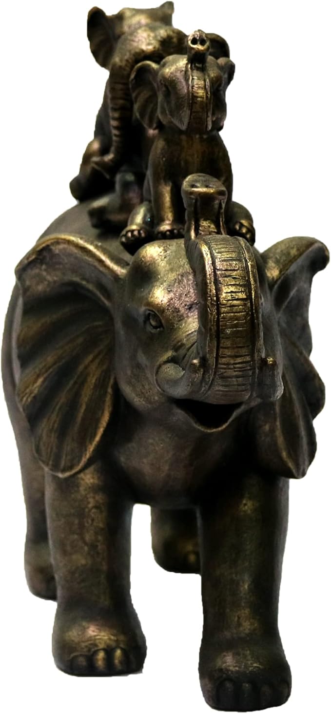 Nature's Mark 8" H 3 Baby Elephants Riding an Elephant Resin Statue Figurine Home Decorative Accent Decor (Bronze)