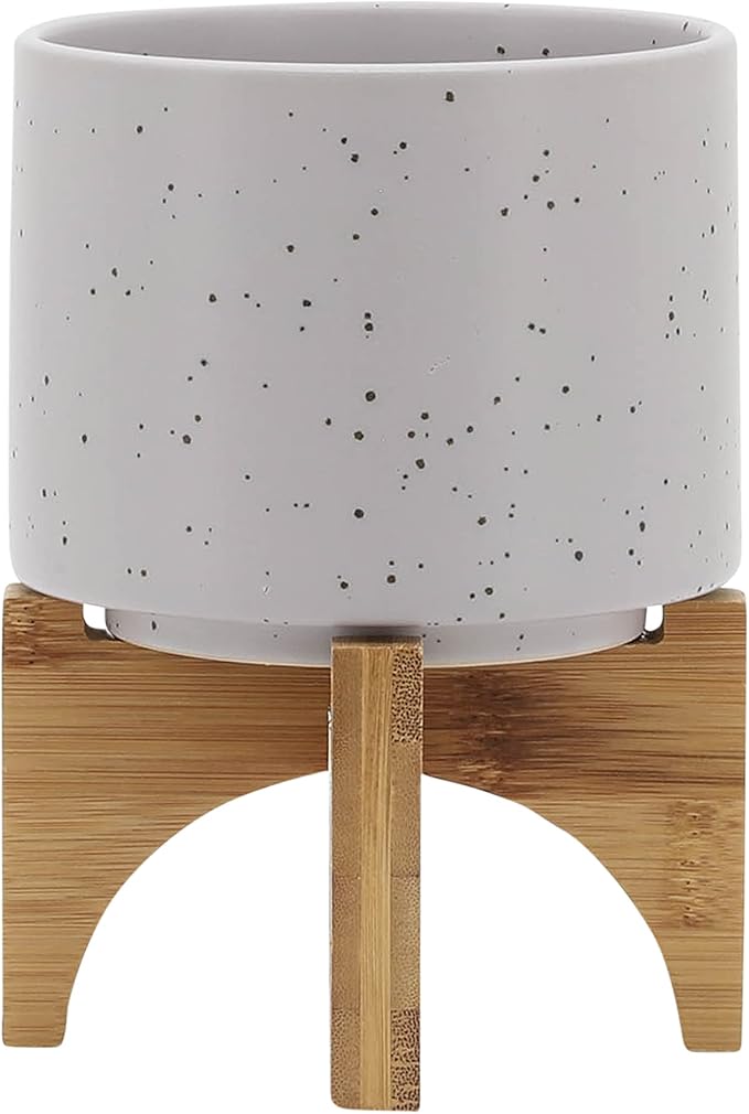Sagebrook Home Ceramic Planter with Wooden Stand - Modern Stoneware Pot for Indoor & Outdoor Plants - Decorative Round Flower Pot for Home & Garden - 7" Ivory