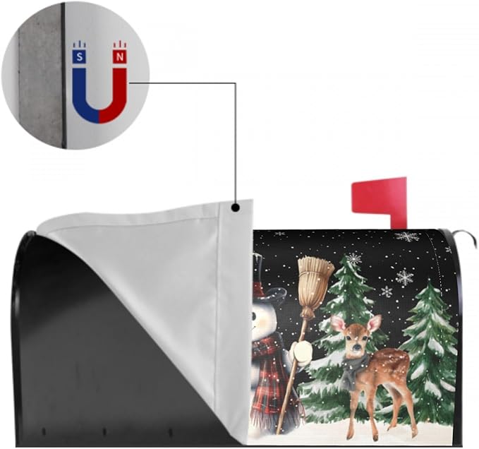 Winter Black Mailbox Covers Magnetic Standard Size 18 x 21 Inch Snowman Snowflake Reindeer Tree Letter Box Cover Outdoor Mail Wraps Cover for Garden Home Yard Decor