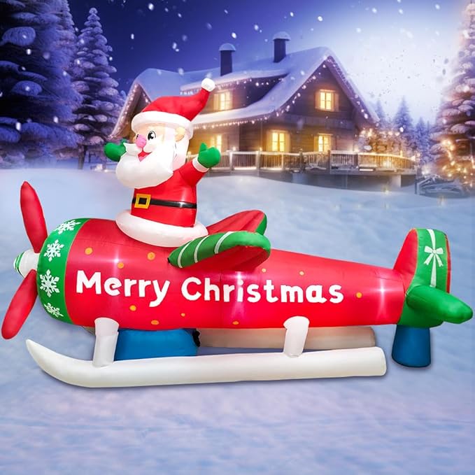 KOOY 9FT Christmas Inflatables Santa Claus on Airplane Outdoor Decorations Blow Up Giant Yard Decoration Bright LED Lights for Garden Yard Lawn Outdoor Indoor Holiday Xmas Gifts