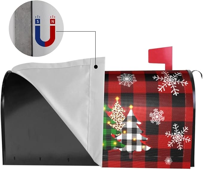 Giwawa Christmas Tree Mailbox Cover - Magnetic Red Black Buffalo Plaid - Large Winter Snowflakes - Oversized 25.5 x 21 - Happy New Year Post Letter Box Wrap