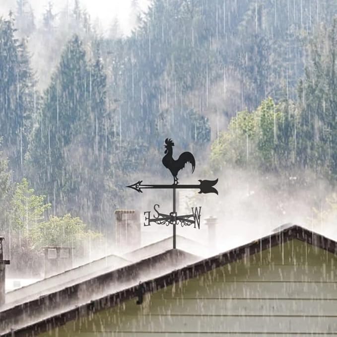 Rooster Weathervane Silhouette Art Black Metal Cock Wind Vanes Indicator Kit Outdoor Bracket for Garden Roof Yard Building (E)