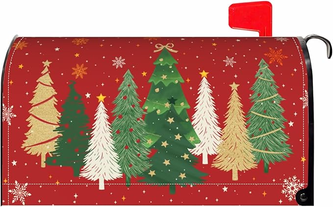 Christmas Large Mailbox Covers Magnetic Oversized Xmas Tree Print Red Winter Mailbox Wraps Holiday Themed Outdoor Decorative Letter Box Cases for Home Garden Outside Decor, 25.5x21 Inch