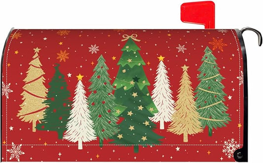 Christmas Large Mailbox Covers Magnetic Oversized Xmas Tree Print Red Winter Mailbox Wraps Holiday Themed Outdoor Decorative Letter Box Cases for Home Garden Outside Decor, 25.5x21 Inch