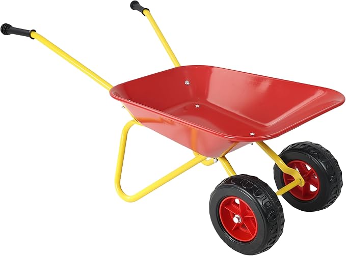 Kids Metal Wheelbarrow Trolley, Two-Wheeled Heavy Duty Utility Cart, Steel Pallet Tray Garden Cart for Children Outdoor Sand Toy Transport