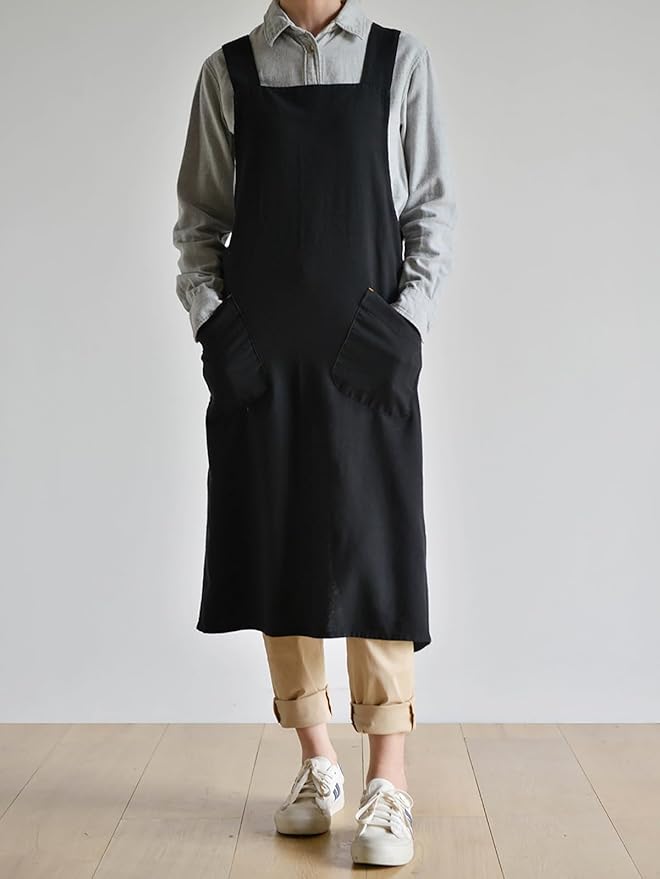 Cotton Linen Apron Cross Back Japanese Smock for Women Cooking With Pockets Pinafore Dress Kitchen Baking Gardening