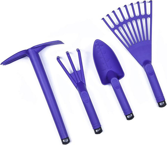 Mintra Garden Tool Set, 4 Piece Heavy Duty Gardening Tools Including Cultivator, Trowel, Shovel & Rake, Durable Poly Material & Non-Slip Handle, Garden Hand Tools Set for Gardening Gift, Purple