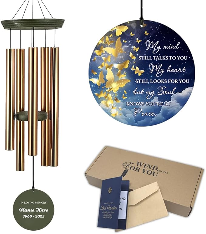 Personalized Wind Chimes, 36inch Memorial Wind Chimes, Gold Butterfly Custom Name Sympathy Gifts, in Loving Memory of Dad/Mom, Wind Chime for Loss of Loved Ones Outdoor (Produced in USA)