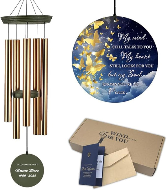 Personalized Wind Chimes, 36inch Memorial Wind Chimes, Gold Butterfly Custom Name Sympathy Gifts, in Loving Memory of Dad/Mom, Wind Chime for Loss of Loved Ones Outdoor (Produced in USA)