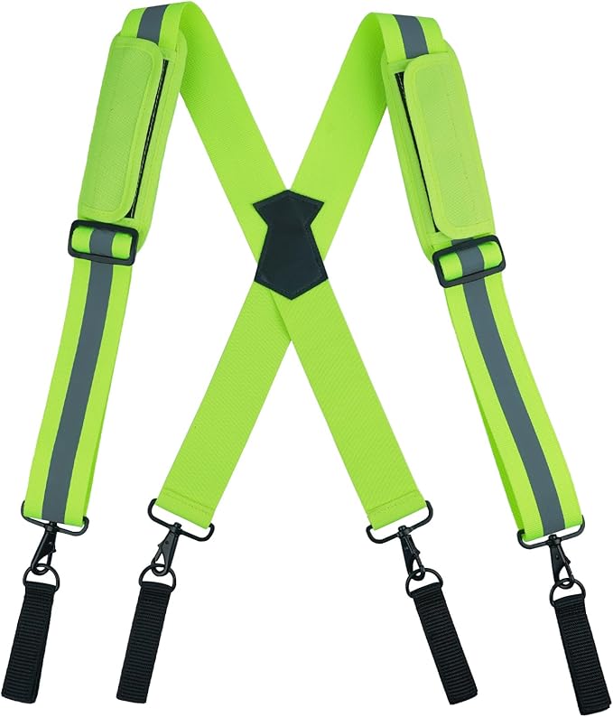 KUNN Hi-Vis Tool Belt Suspenders Heavy Duty Reflective Safety Work Suspender with Removed Padded Shoulder,4Pcs Tool Belt Loops