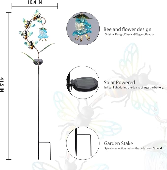 Bshine Solar Flower Outdoor Waterproof Bee Lights, Garden Decorative Metal Stake Bee Hanging Flower, Yard Decorations Outdoor Patio, Courtyard, Pathway and Lawn Ornaments, Housewarming Gift