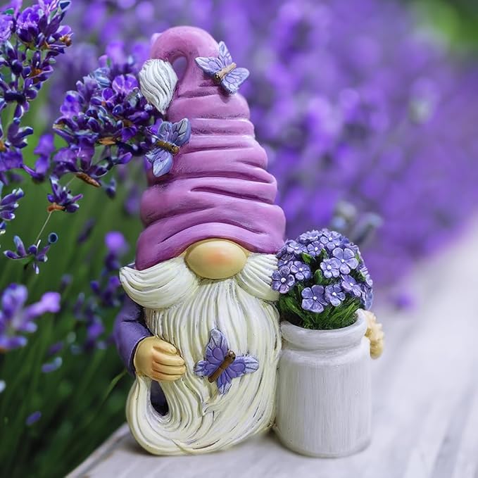 OrnamentallyYou Garden Grace Lavender Gnome Figurine, 10" Purple Home Decor Statue with Butterflies and Flowers