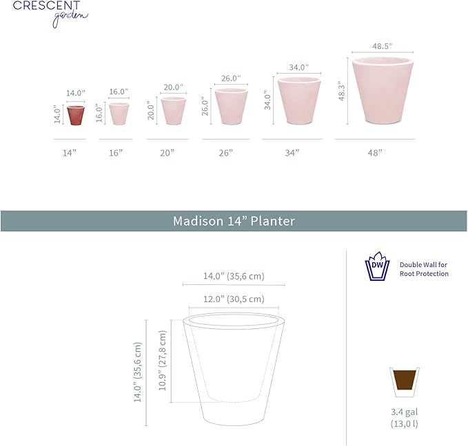 Crescent Garden Madison Planter– Weather-Resistant, Double Walled Indoor/Outdoor Plant Pot with Drain Hole – Durable All-Season Flower Container, 14" W (Cloud White)