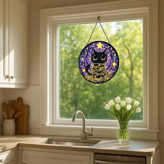 Stained Glass Window Hanging – 6.3 in Black Cat & Stars Panel with Chain， Bathroom Front Door Living Room Garden Decor， Gift for Mom Wife Lovers