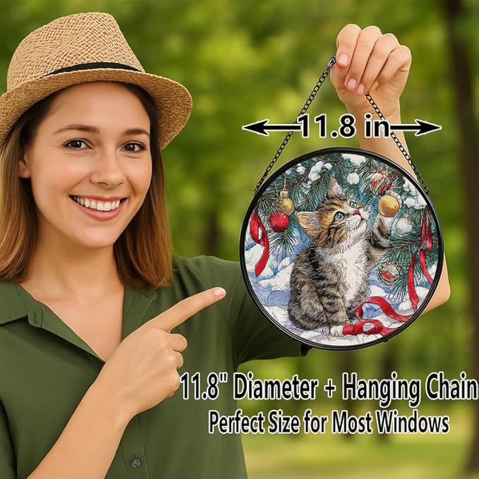 Stained Glass Window Hanging – 11.8 in Christmas Kitten Panel with Chain， Bathroom Front Door Living Room Garden Decor， Gift for Mom Wife Lovers