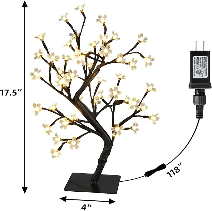 PEIDUO Set of 2 Lighted Cherry Blossom Tree, Light up Bonsai Tree for Christmas Decorations, Warm White Lights Plug in Adapter, Tabletop Night Light Artificial Tree for Indoor Bedroom Living Room